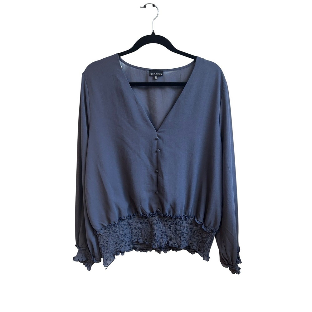 Zenobia‎ Women's 3XL Blouse – Long Sleeve V-Neck with Smocked Hem & Cuffs Slate
